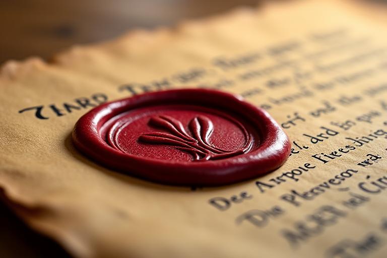 Un sigillo cerimoniale in ceralacca su un documento legale antico, con l'immagine stilizzata del giglio di Firenze sullo sfondo, che simboleggia l'ufficialità e il radicamento storico.